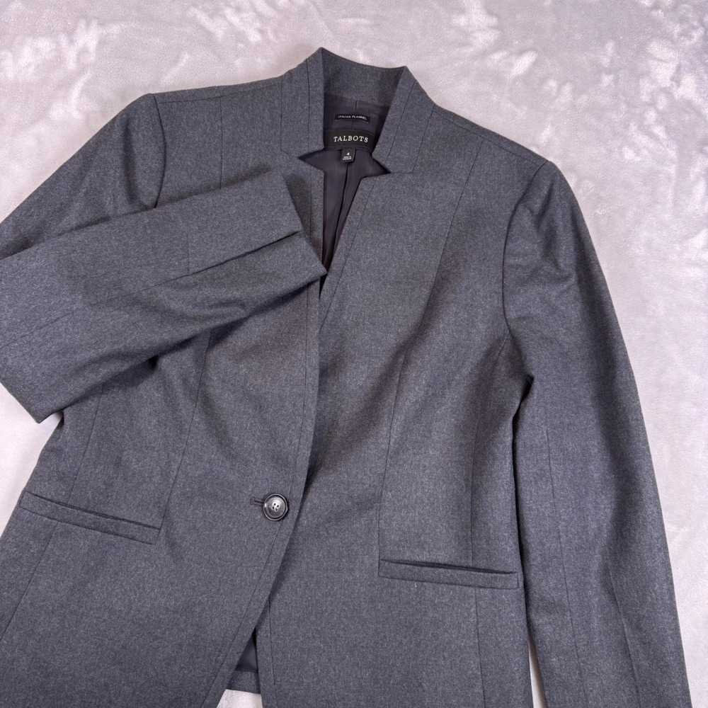 Talbots Italian Flannel Wool Blazer Stand Collar Grey Single Button Size 4